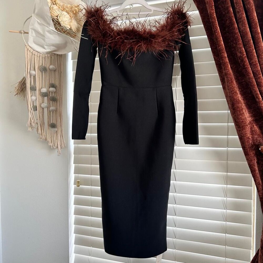 Mew Mews Black Feather Trim Maxi Dress Gown Medium Formal Cocktail Old Hollywood - Picture 2 of 8